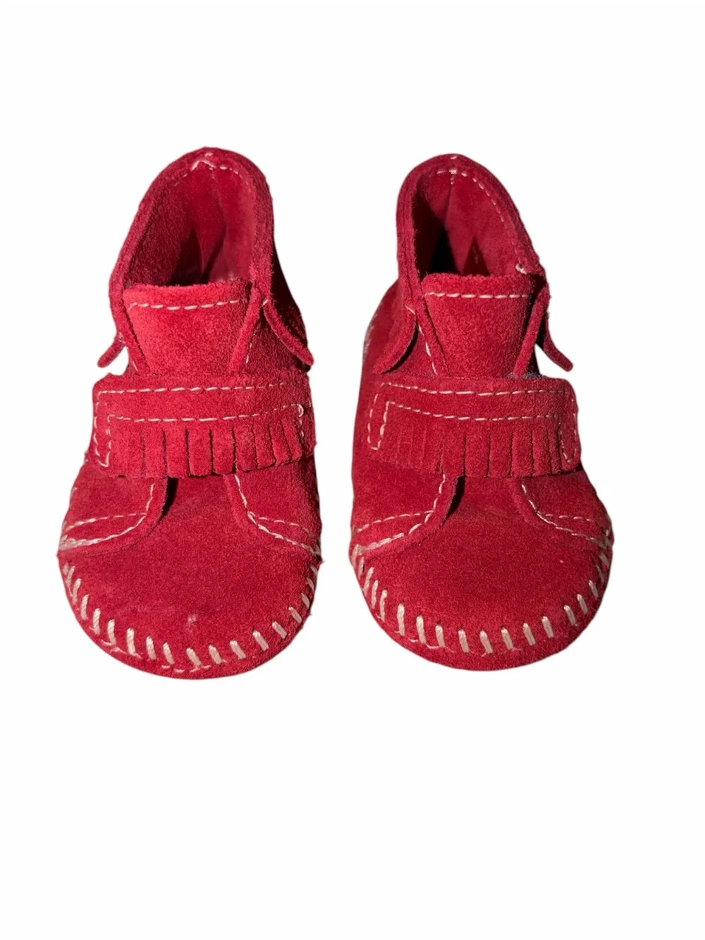 EUC Minnetonka Red Suede Leather Baby Moccasins 2 Fringe Western Americana Crib
